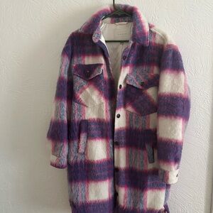 Plaid Wool-Blend Coat in Purple and White